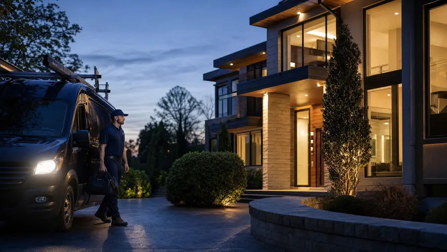 Technician arriving at a home at night for an emergency call